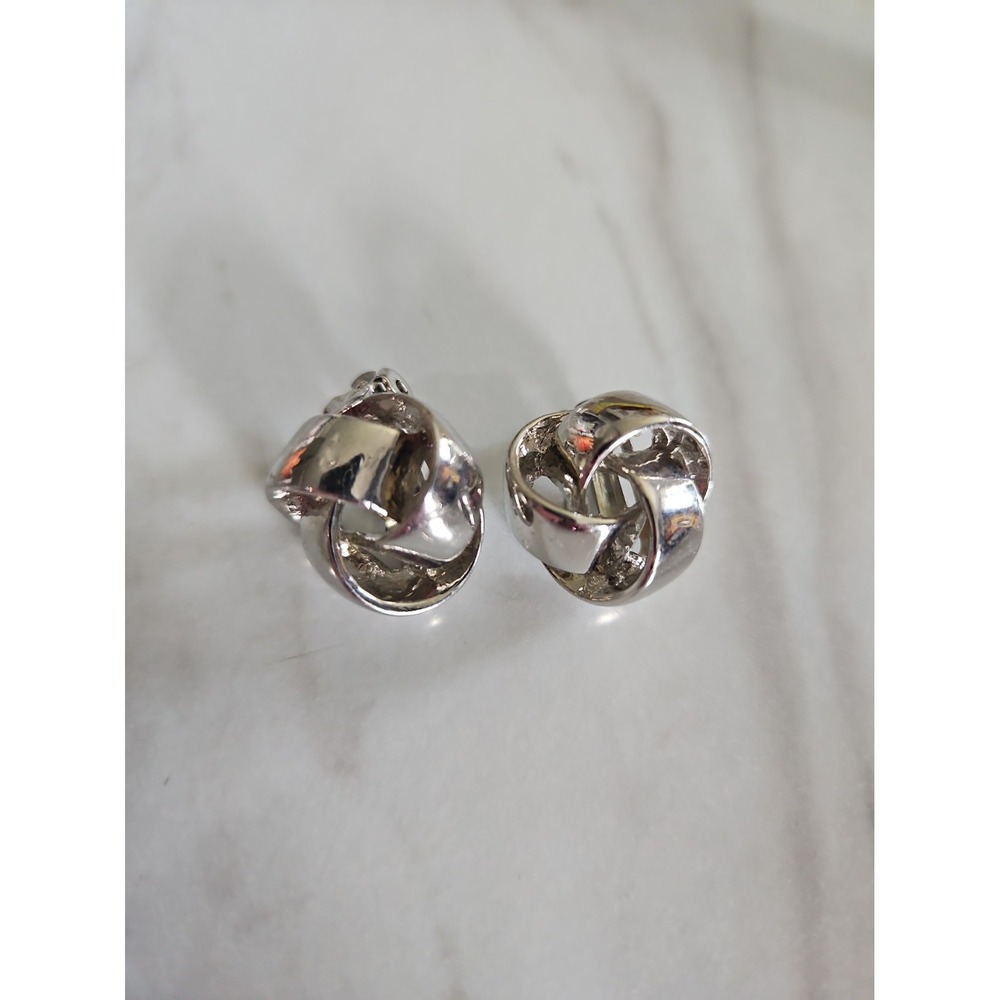 90s Silver Tone Knot Clip-On  Earrings Statement Women's Classic Jewelry
